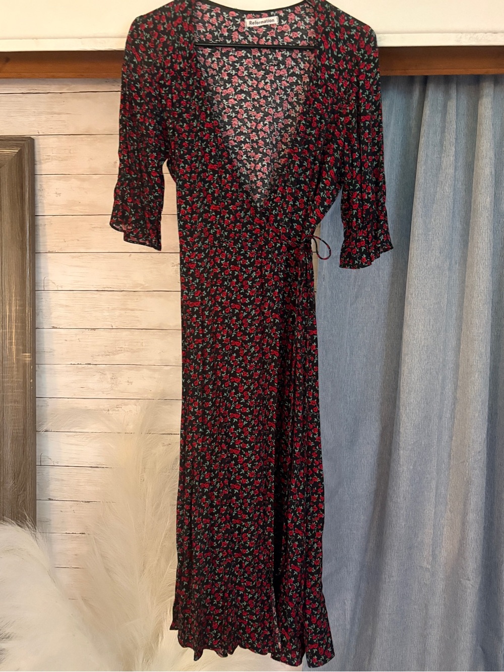 Reformation Black and Red Floral Midi Wrap Dress
